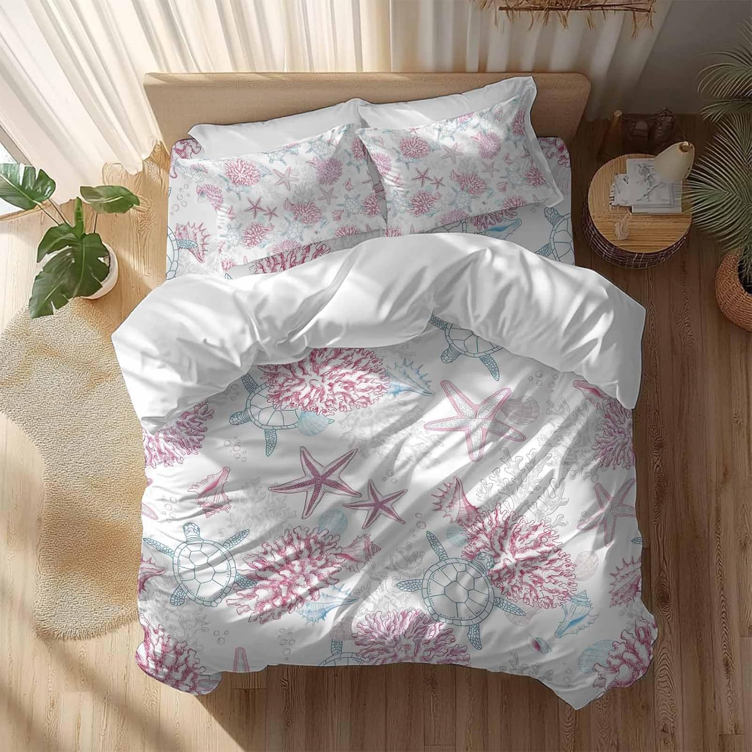 Summer Marine Life Duvet Cover Set Queen Size 4 Pieces Ocean Starfish Coral Coastal Sea Turtle Pink Bedding Set with Zipper Closure, 1 Comforter Cover 86x86 Inches 1 Flat Sheet & 2 Pillow Cases