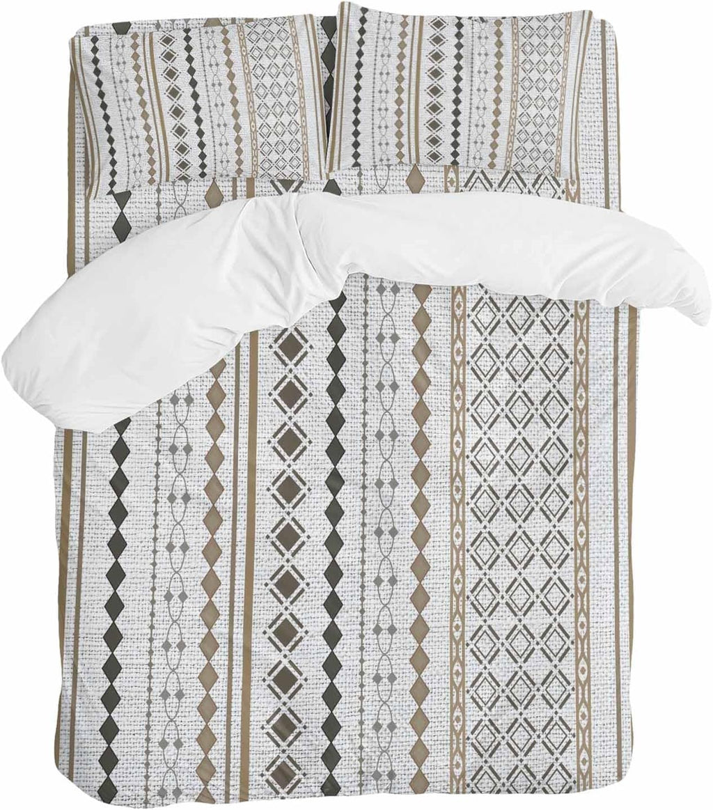 Bohemia Geometric Duvet Cover Set Queen Size 4 Pieces Brown Stripes Diamond Ethnic Linen Texture Bedding Set with Zipper Closure, 1 Comforter Cover 86x86 Inches 1 Flat Sheet & 2 Pillow Cases