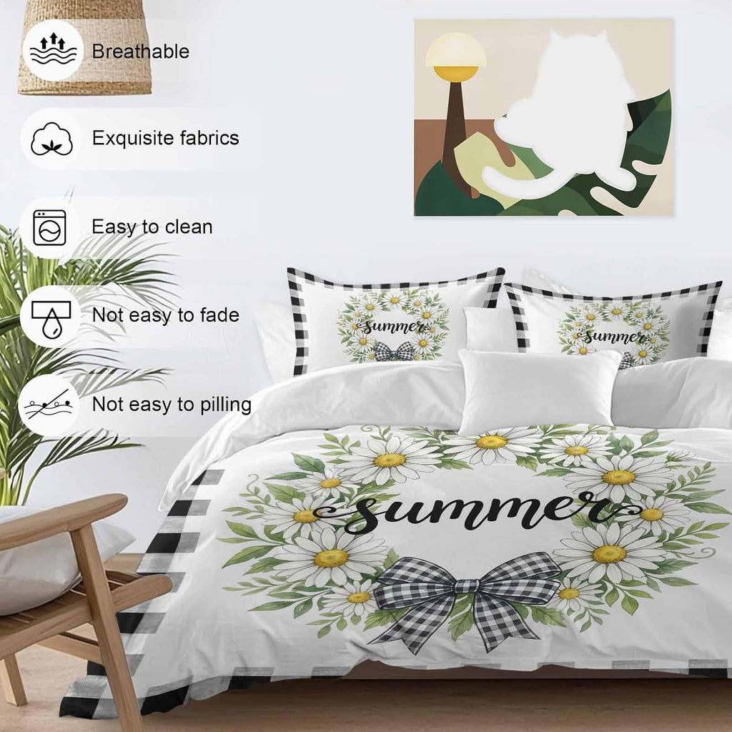Prime Leader White Flowers Duvet Cover Set Queen Size 4 Pieces Daisy Plaid Bow Green Leaf Summer Striped Bedding Set with Zipper Closure, 1 Comforter Cover 90x92 Inches 1 Flat Sheet & 2 Pillow Cases
