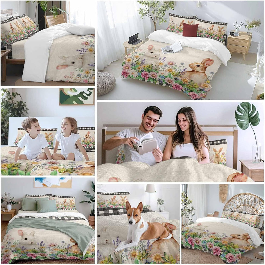 Spring Rabbits Duvet Cover Set Queen Size 4 Pieces Pink Rose Purple Flowers Daisy Vintage Linen Bedding Set with Zipper Closure, 1 Comforter Cover 90x92 Inches 1 Flat Sheet & 2 Pillow Cases