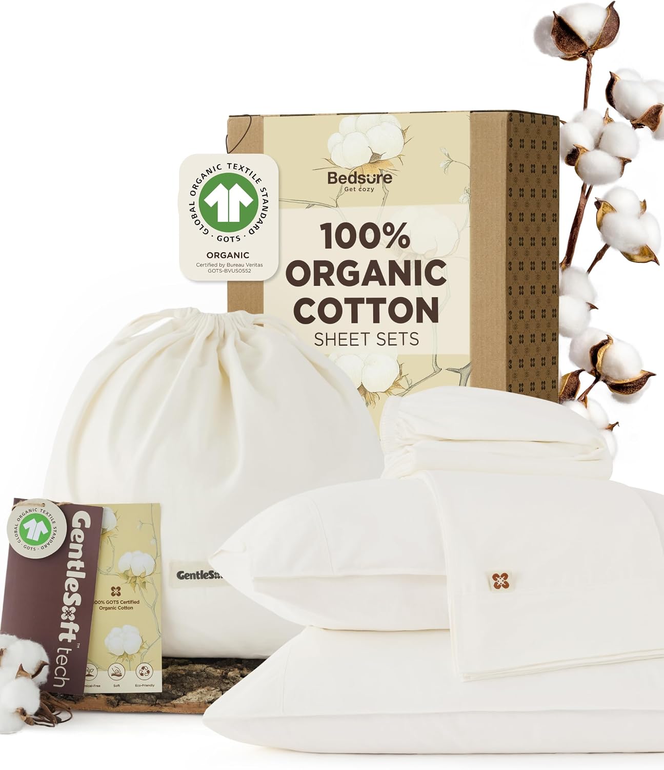 Bedsure 100% GOTS Certified Organic Cotton Sheets, King Size Sheets Set, 17' Deep Pocket Bedsheets with Corner Straps, Eco-Friendly, Soft, Breathable & Luxury PureWoven Cotton Hotel Bedding, Ivory
