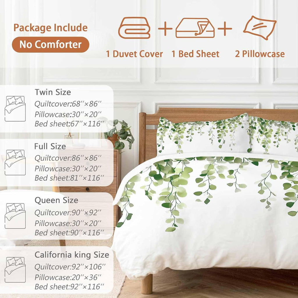 Spring Duvet Cover Set Queen Size 4 Pieces Watercolor Green Eucalyptus Leaves Botanical Plant Bedding Set with Zipper Closure, 1 Comforter Cover 92x106 Inches 1 Flat Sheet & 2 Pillow Cases