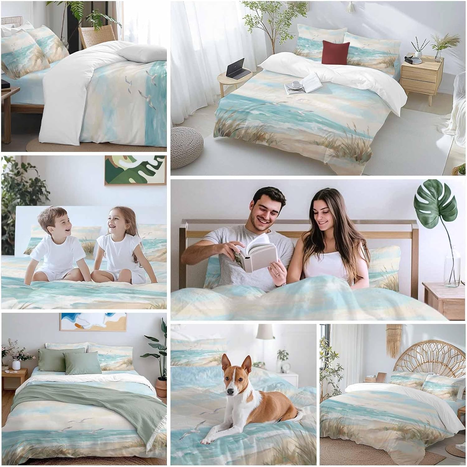 Coastal Seagulls Duvet Cover Set Queen Size 4 Pieces Beach Ocean Sky Oil Paintings Style Summer Bedding Set with Zipper Closure, 1 Comforter Cover 92x106 Inches 1 Flat Sheet & 2 Pillow Cases