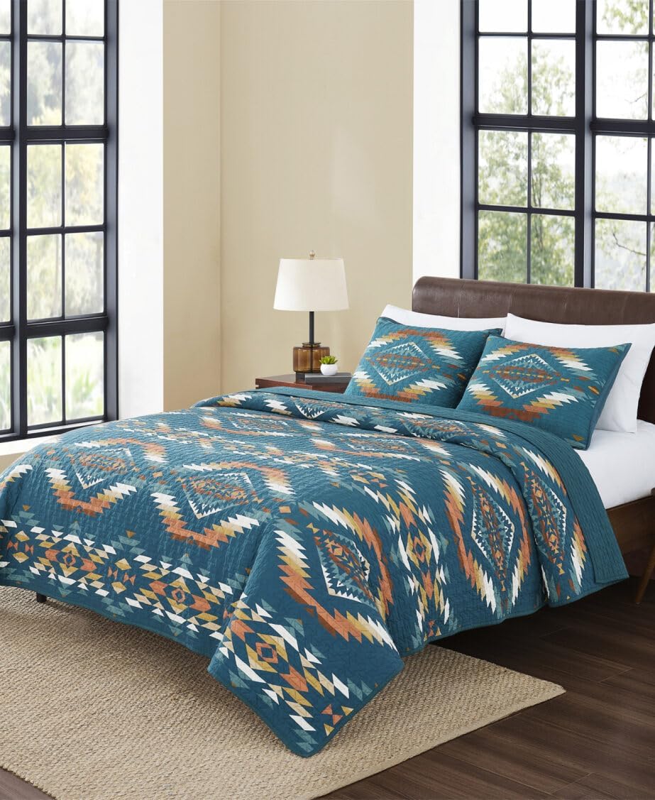 Pendleton Twin Quilt Set – 100% Cotton 2 Piece Quilt Set with Sham, Soft Lightweight Bedding for Twin Size Bed for Dorms, Teal Multi Patterned Comforter Alternative, Twin Bedding Set (Summerland)