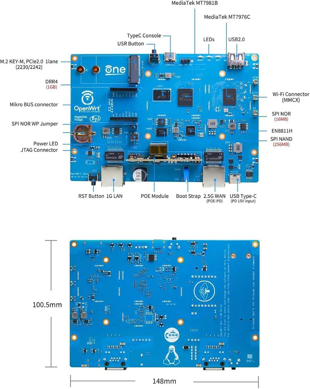 Banana Pi OpenWrt One - Dual Band WiFi 6 Wireless Router - AP-24.XY Router with MediaTek MT7981B SoC 1GB DDR4 RAM, 1x 2.5GbE WAN 1x Gigabit LAN RJ45 Port, Support PoE AP PWM