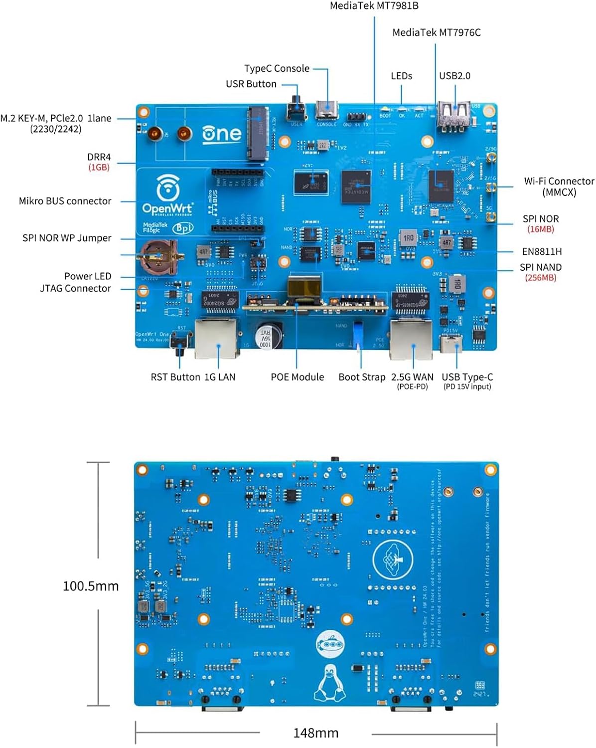 Banana Pi OpenWrt One - Dual Band WiFi 6 Wireless Router - AP-24.XY Router with MediaTek MT7981B SoC 1GB DDR4 RAM, 1x 2.5GbE WAN 1x Gigabit LAN RJ45 Port, Support PoE AP PWM