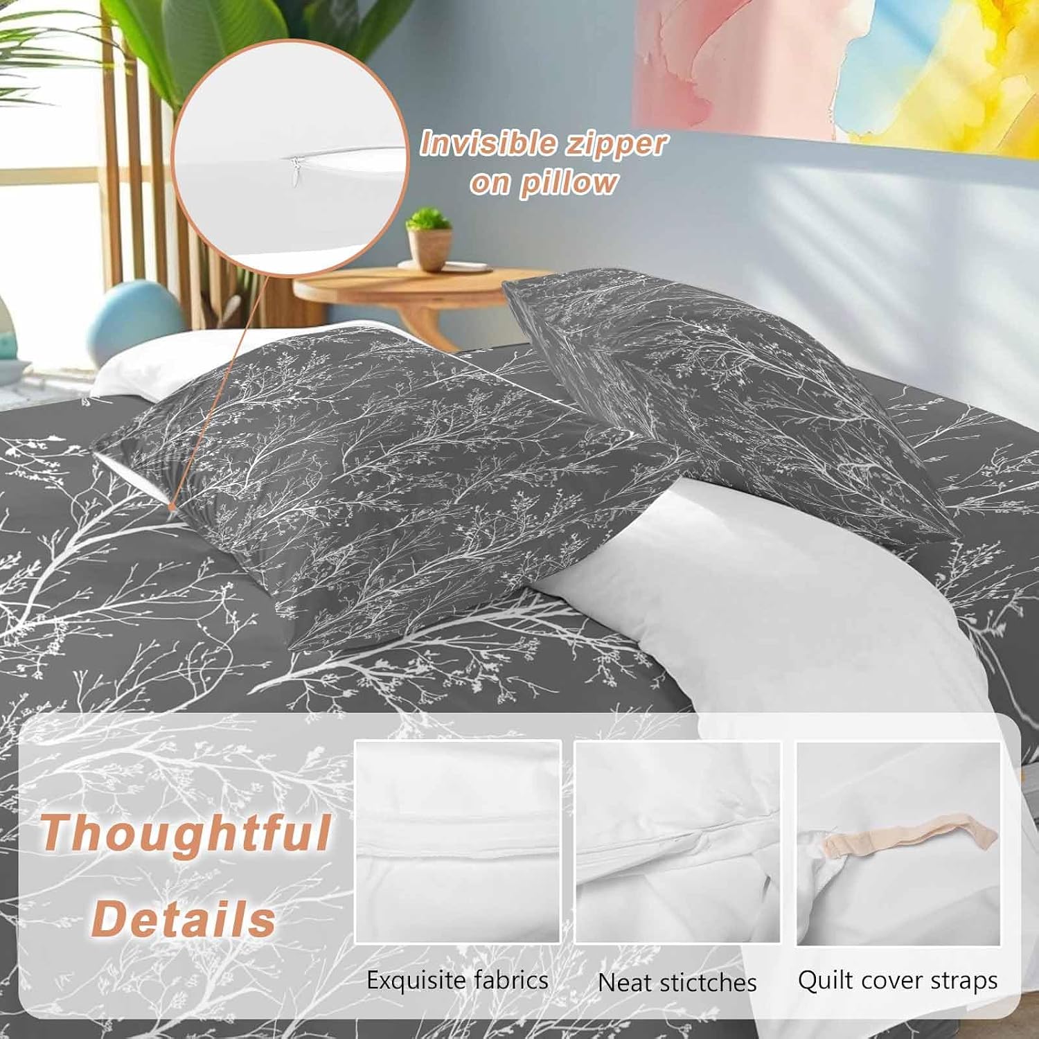 Dark Grey Duvet Cover Set Queen Size 4 Pieces White Tree Branch Botanical Abstract Plant Leaves Bedding Set with Zipper Closure, 1 Comforter Cover 90x92 Inches 1 Flat Sheet & 2 Pillow Cases