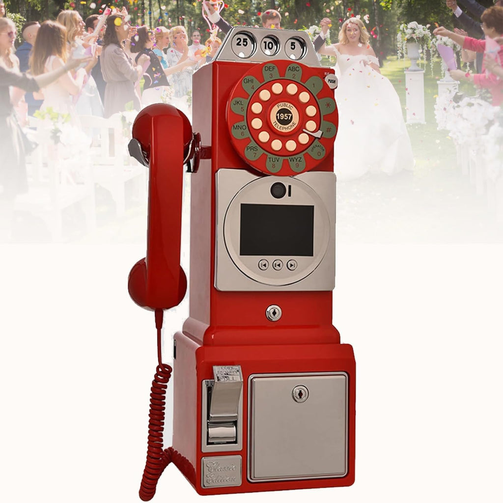 32G 64G New Audio Video Guestbook, 1080P Video Guestbook Wedding Phone, SD Card Customized Video Audio Guest Book with Lens Recording, Retro 1960's Style Vintage Audio Guest Book,Red-64G