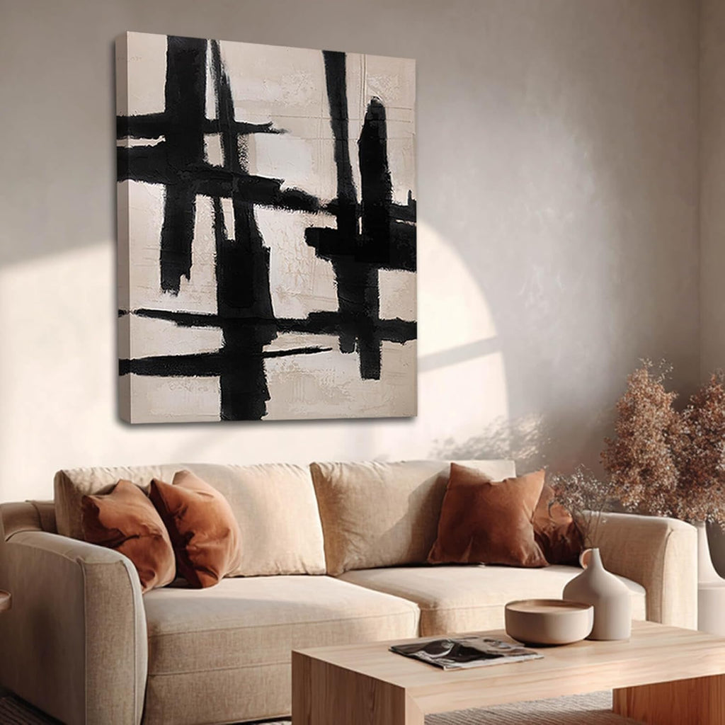 SHEYOYE Black and Beige Abstract Canvas Wall Art, Hand-Painted Oil Painting, Textured, Ready to Hang, Modern Home Decor for Living Room Bedroom, 36x48 Inch