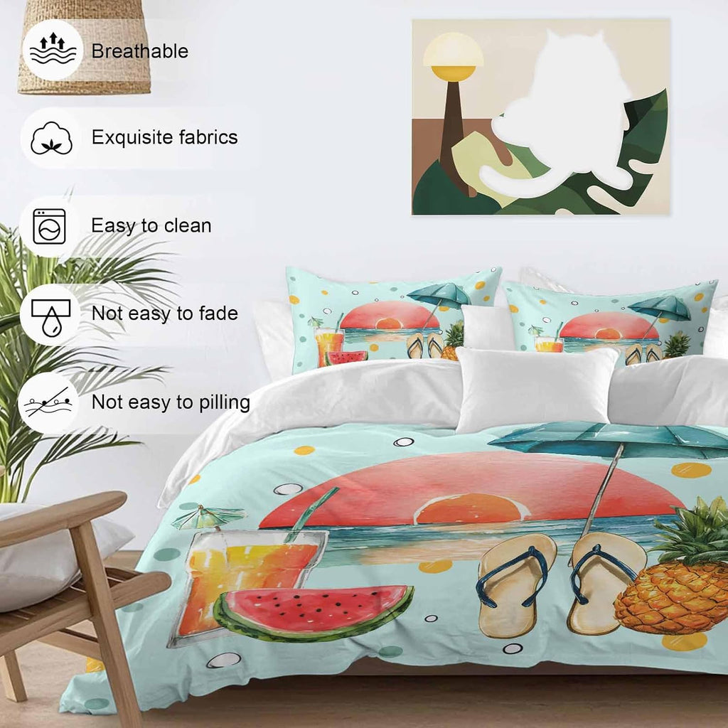 Summer Beach Duvet Cover Set Queen Size 4 Pieces Watermelon Pineapple Umbrella Polka Dot Blue Bedding Set with Zipper Closure, 1 Comforter Cover 90x92 Inches 1 Flat Sheet & 2 Pillow Cases