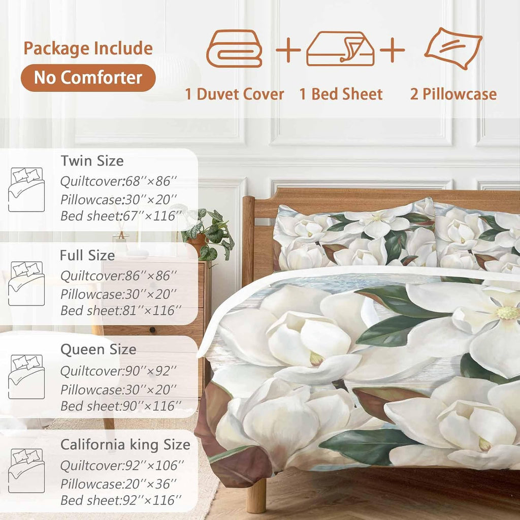 White Floral Duvet Cover Set Queen Size 4 Pieces Spring White Magnolia Vintage Plants Farmhouse Rustic Bedding Set with Zipper Closure, 1 Comforter Cover 90x92 Inches 1 Flat Sheet & 2 Pillow Cases