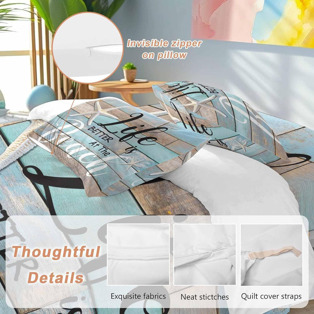 Life Is Duvet Cover Set Queen Size 4 Pieces Better at The Beach Summer Starfish Teal Wood Grain Bedding Set with Zipper Closure, 1 Comforter Cover 90x92 Inches 1 Flat Sheet & 2 Pillow Cases