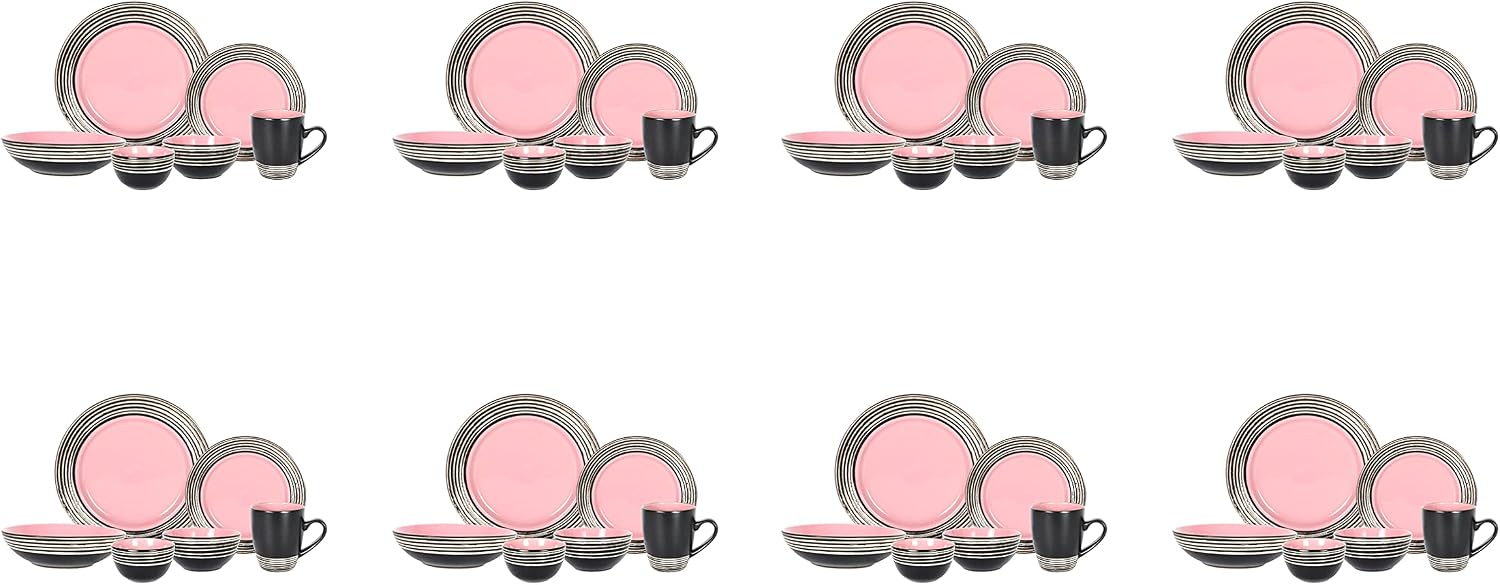 48 Piece Dinnerware Set, Ceramic Plates and Bowls Sets for 8, Microwave and Dishwasher Safe, Handcrafted Tree Bark Series Dish Set, Rose/Pink