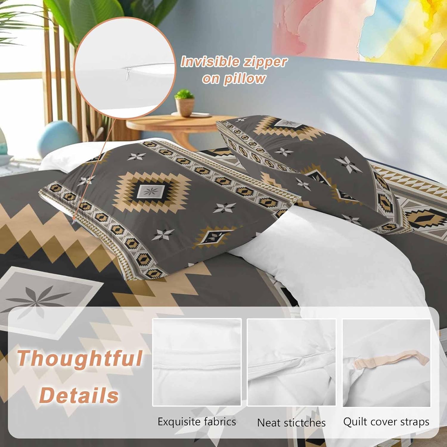 Prime Leader Grey Tribal Geometric Duvet Cover Set Queen Size 4 Pieces Vintage Boho Native Abstract Bedding Set with Zipper Closure, 1 Comforter Cover 90x92 Inches 1 Flat Sheet & 2 Pillow Cases