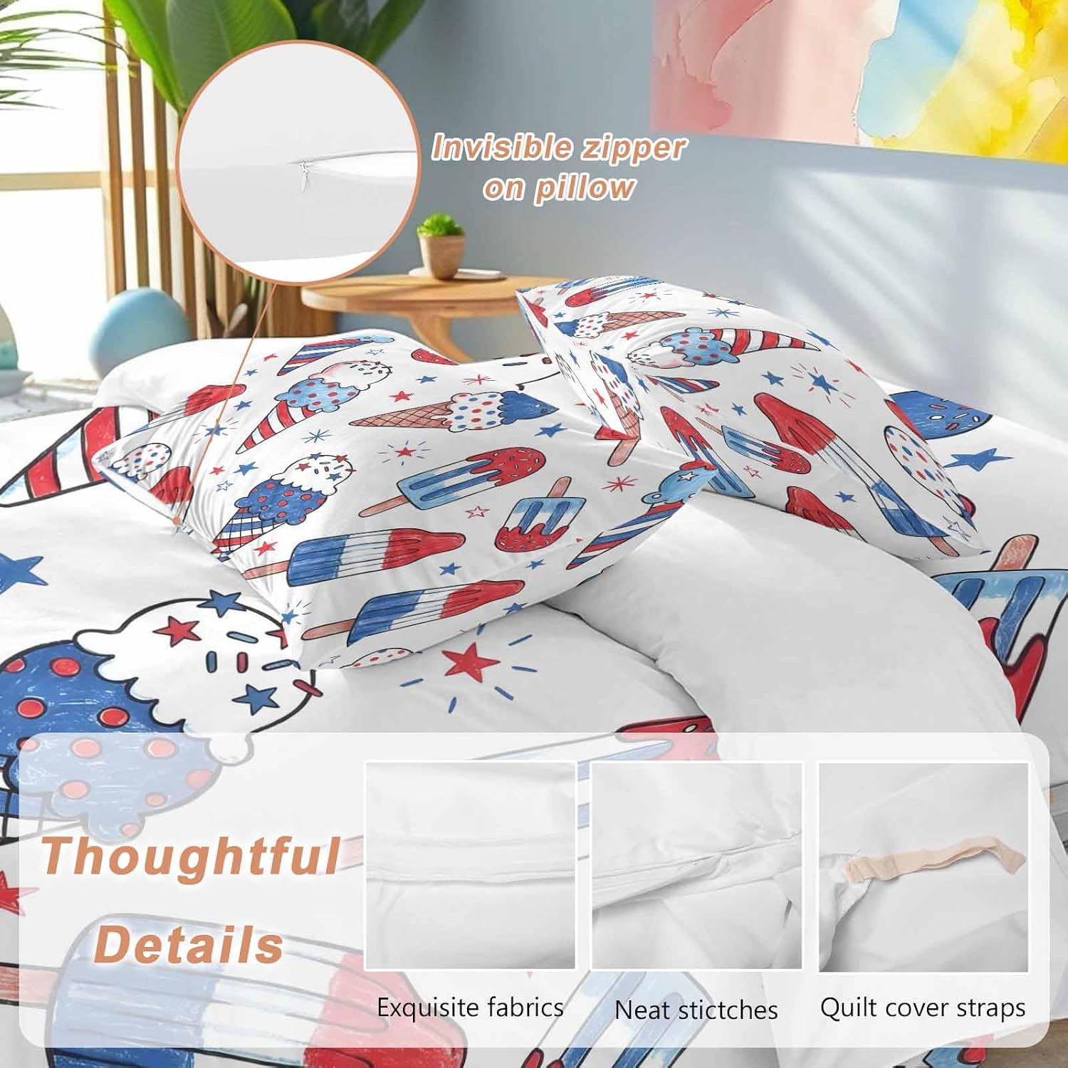 Prime Leader Red Blue Ice Cream Duvet Cover Set Queen Size 4 Pieces Independence Day Watercolor Ice Cream Bedding Set with Zipper Closure, 1 Comforter Cover 90x92 Inches 1 Flat Sheet & 2 Pillow Cases