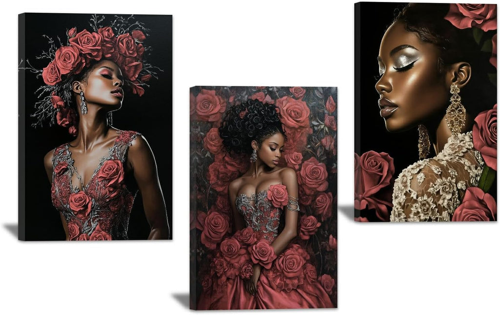 CHAOSETKEN 3 Pieces African American Wall Art Black Woman Flower Head Pictures Abstract Afro Girl & Rose Canvas Paintings Black Art Prints for Bedroom Decor Frame (Pink,24.00' x 36.00' x 3PCS)