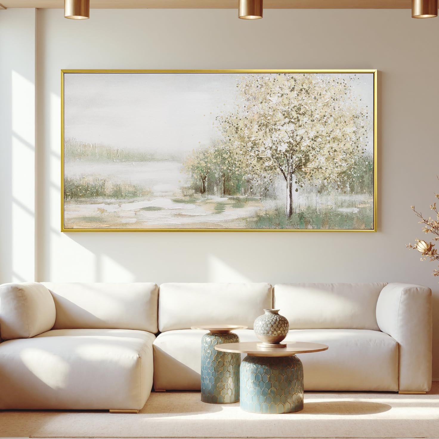 Canvas Wall Art Decor Large Green Wall Art for Living Room Natural Landscape Wall Art Decor Canvas Art Wall Decor Gold Framed Wall Art Prints for Room Bedroom Office Decor 29'X58'