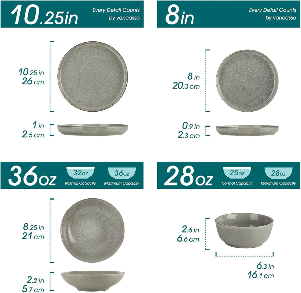 vancasso ANYA 24 Pieces Plates and Bowls Set, Stone Grey Dinnerware Sets, Reactive Glaze Dishes Set for 6, Ceramic Dishware Sets Kitchen Dinner Set, Microwave & Dishwasher Safe