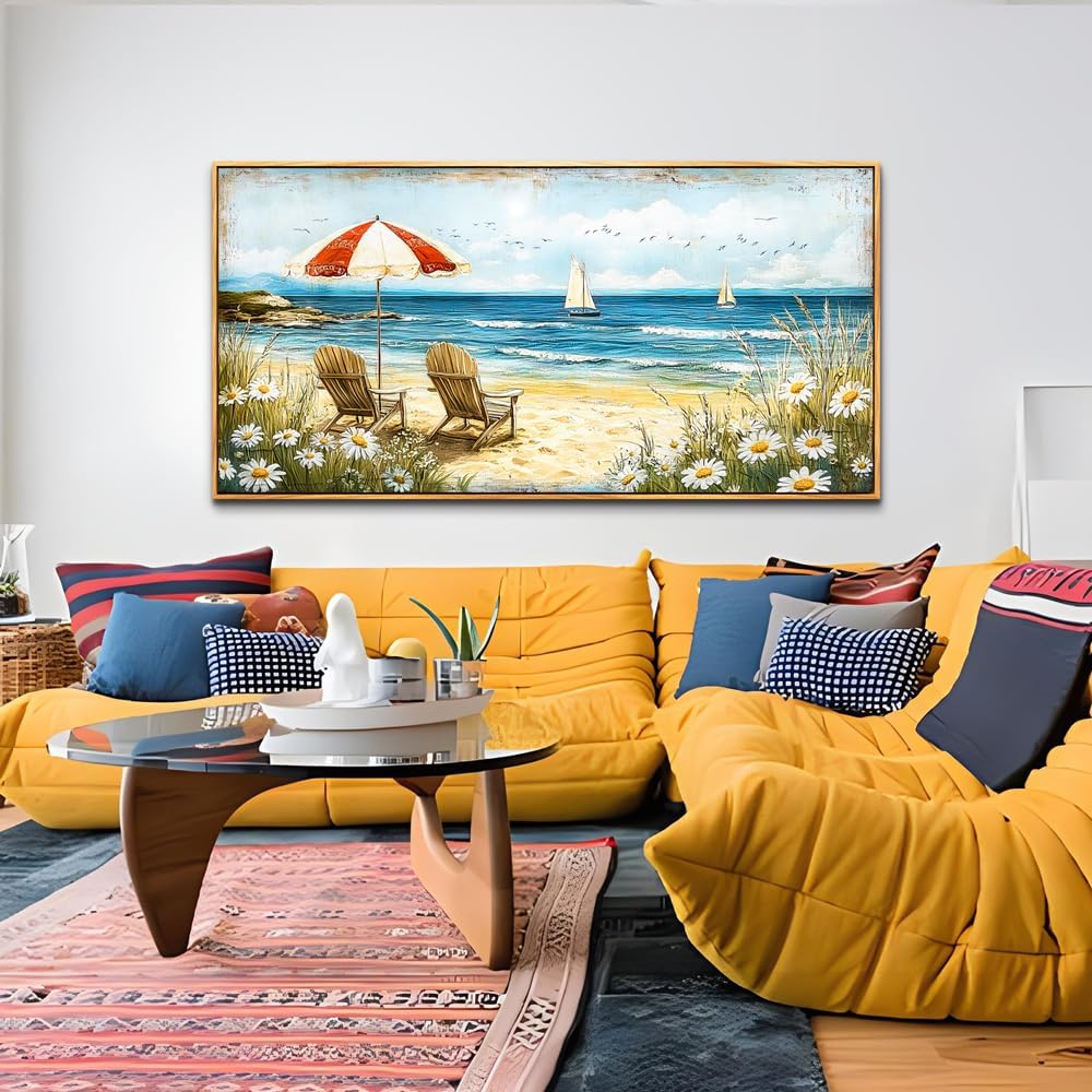 ERQINHUA Large Wall Decor Canvas Painting Wall Art For Living Room Bedroom Home Decoration Blue Seaside Landscape Painting Print For office Dining Room Bathroom Wall Aesthetics Wood Frame 30x60 In