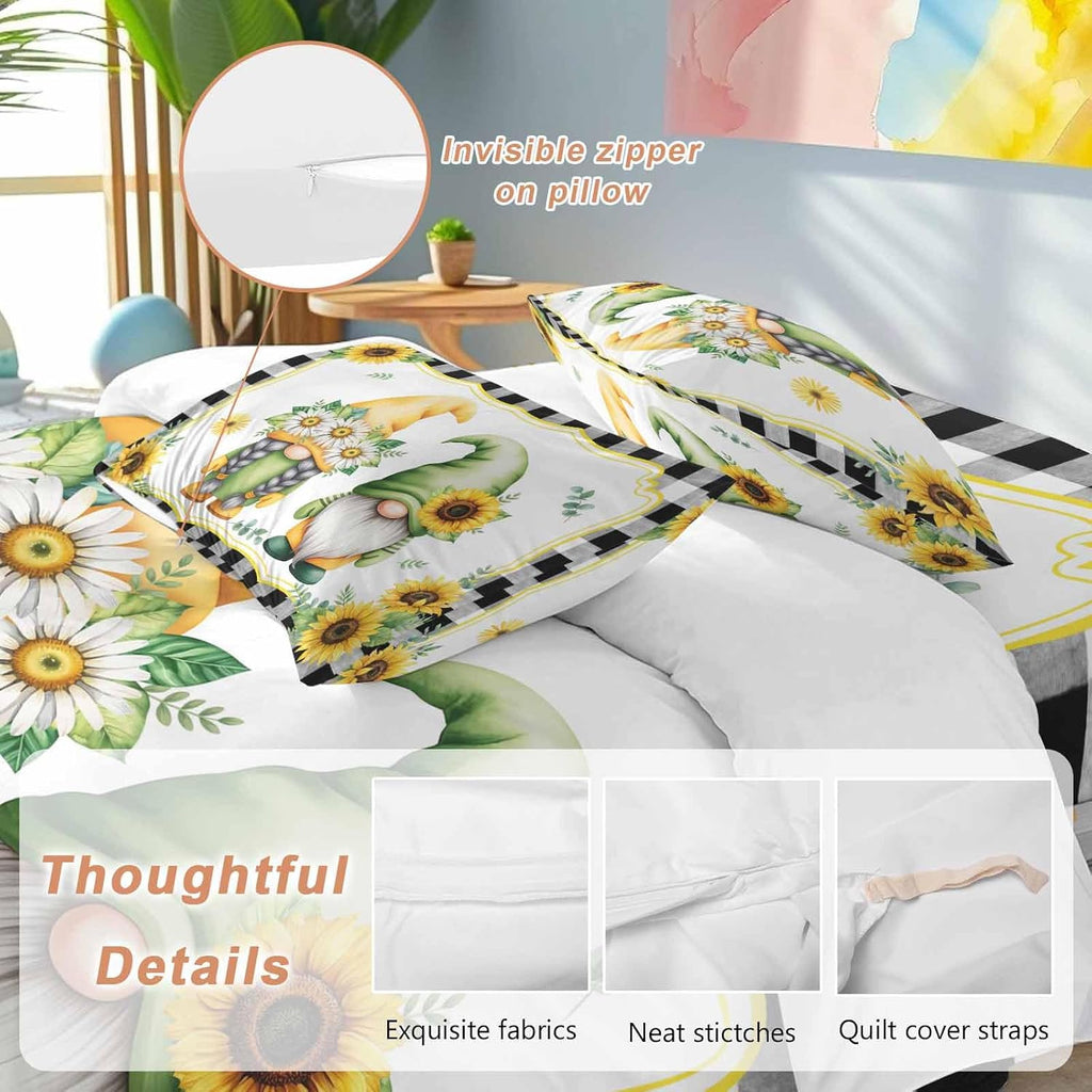 Prime Leader Summer Dwarfs Duvet Cover Set Queen Size 4 Pieces Yellow Sunflower Daisy Black Plaid Field Bedding Set with Zipper Closure, 1 Comforter Cover 90x92 Inches 1 Flat Sheet & 2 Pillow Cases