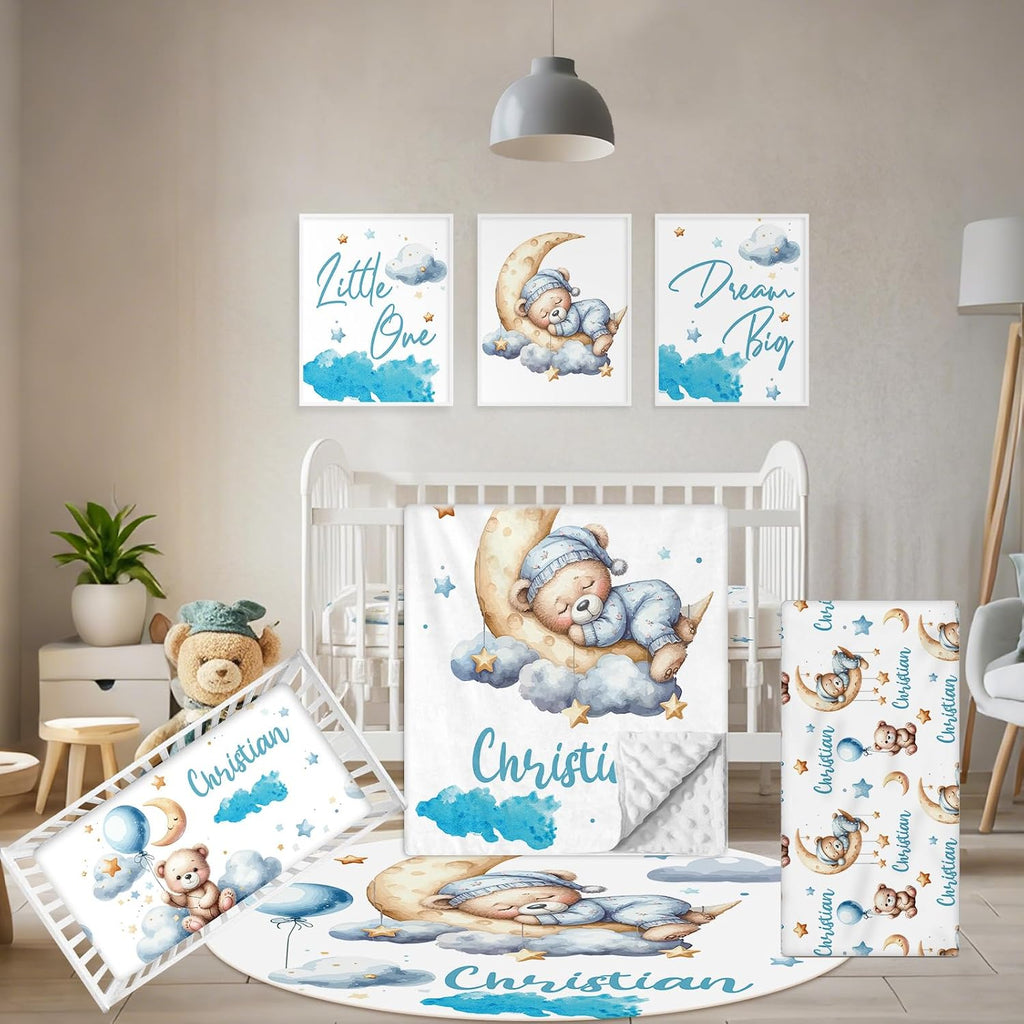 Terwex Personalized Baby Bedding Set, 5 Pcs Custom Baby Crib Sets with Name, Toddler Bedding Set for Baby Girls Boys, Blue Bear Double Layer Nursery Bedding Set, Customized Gifts for Infants Kids
