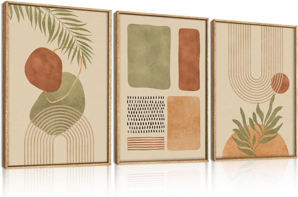 Large Boho Sage Green Framed Canvas Wall Art,Abstract Geometric Beige Wall Decor,Mid Century Modern Art Prints,Neutral Botanical Leaf Artwork for Living Room,Bedroom,Office -24'x36'x3