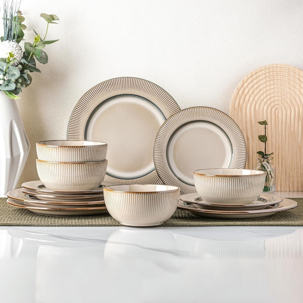 GBHOME Ceramic Dinnerware Sets, 24 pcs Embossed Elegant Stoneware Plates and Bowls Sets, Housewarming Wedding Gift | Dishwasher & Microwave Safe | Dishes Set Service for 8