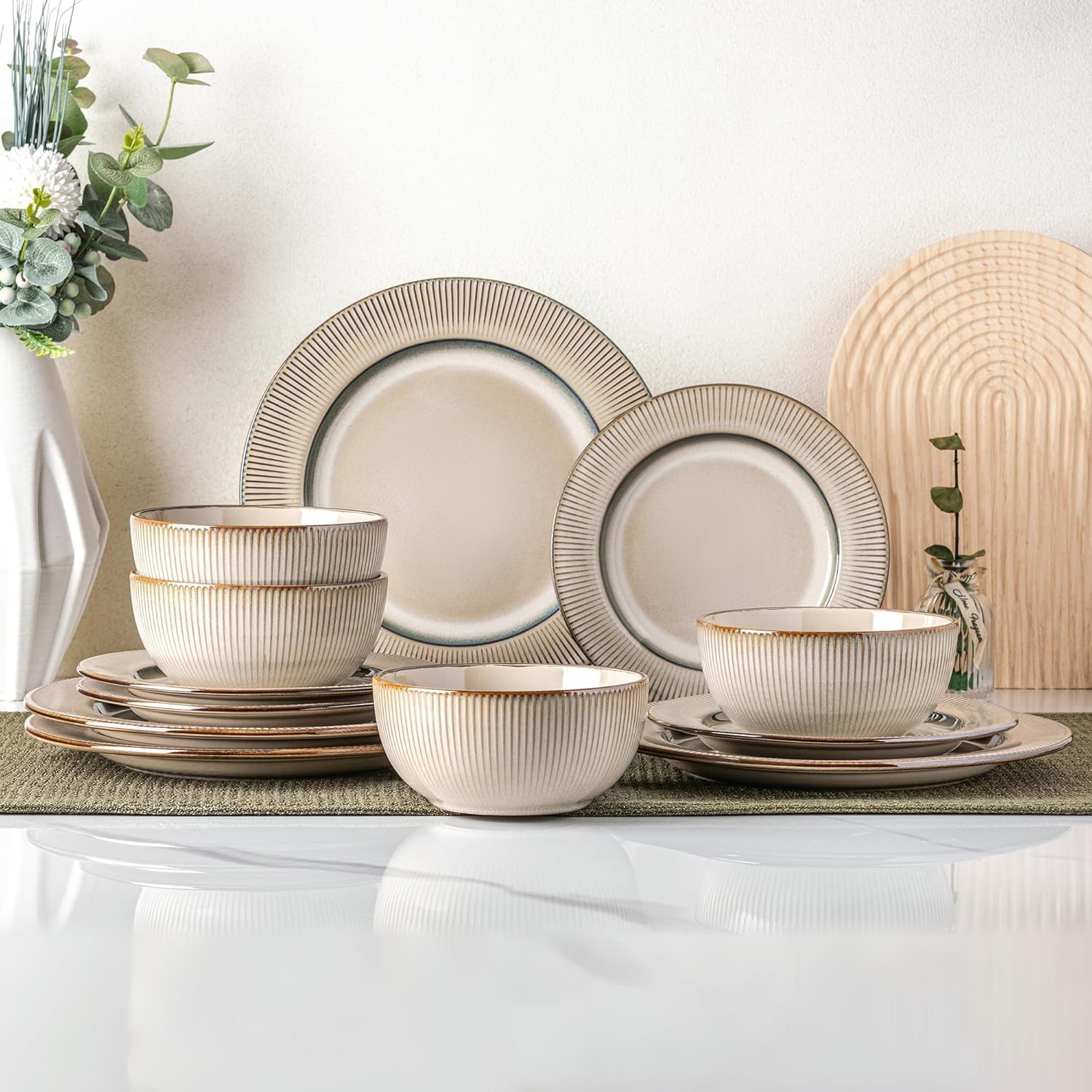 GBHOME Ceramic Dinnerware Sets, 24 pcs Embossed Elegant Stoneware Plates and Bowls Sets, Housewarming Wedding Gift | Dishwasher & Microwave Safe | Dishes Set Service for 8