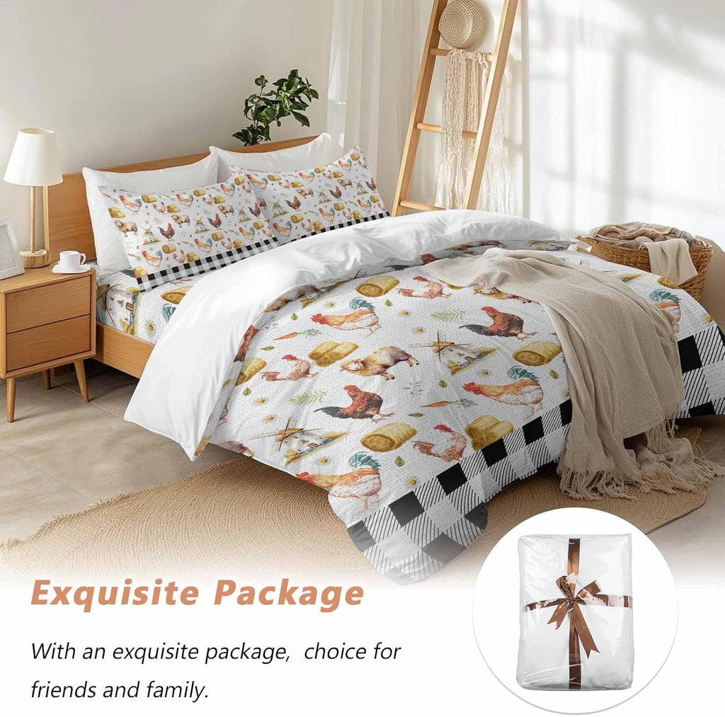 Farm Animal Duvet Cover Set Queen Size 4 Pieces Farmhouse Red Barn Sheep Pigs Rooster Country Black Plaid Bedding Set with Zipper Closure, 1 Comforter Cover 86x86 Inches 1 Flat Sheet & 2 Pillow Cases