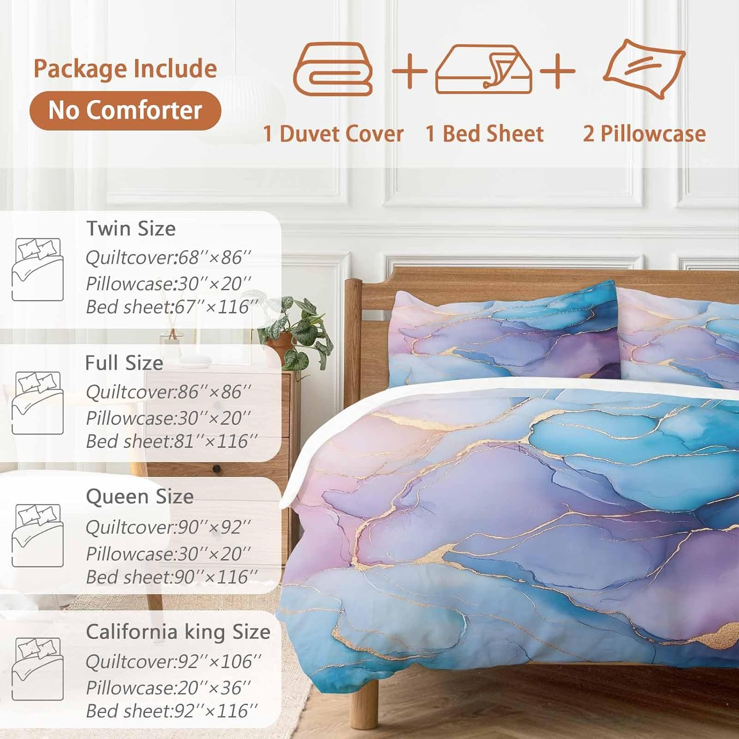 Prime Leader Abstract Impressionist Duvet Cover Set Queen Size 4 Pieces Blue Marble Texture Bedding Set with Zipper Closure, 1 Comforter Cover 90x92 Inches 1 Flat Sheet & 2 Pillow Cases