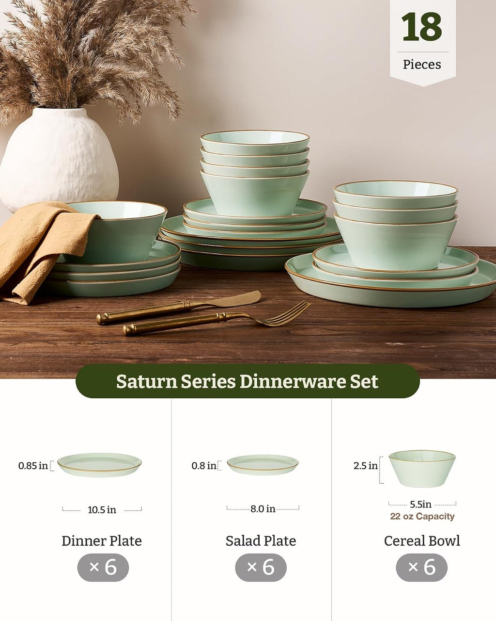 Famiware Saturn Plates and Bowls Dish Sets for 6 (18 Pieces), Stoneware Dinnerware Set with Hand-Painted Trim - Chip & Scratch Resistant, Microwave & Dishwasher Safe Ceramic Dishes, Light Green