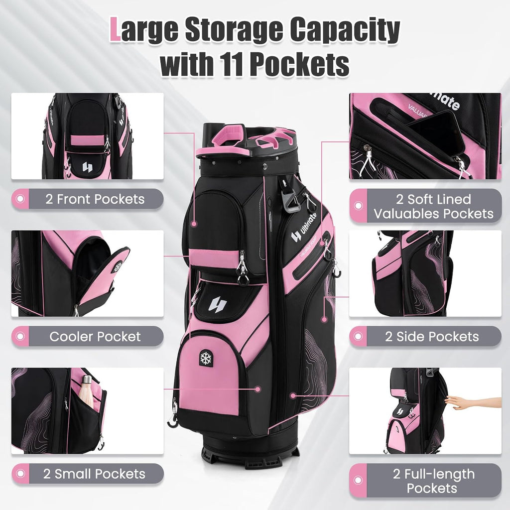 ULTIMATE 14-Way Golf Cart Bag, Golf Bag w/Molded Lock Top & Full Length Dividers, Portable Golf Club Bag w/11 Pockets, Cooler Bag, Padded Strap & Rain Hood for Men Women