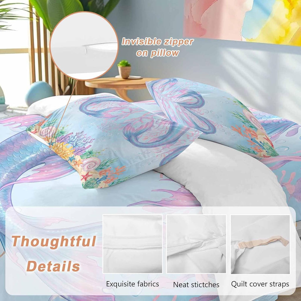Ocean Marine Life Duvet Cover Set Queen Size 4 Pieces Watercolor Fish Tails Starfish Sea Nut Seagrass Bedding Set with Zipper Closure, 1 Comforter Cover 90x92 Inches 1 Flat Sheet & 2 Pillow Cases