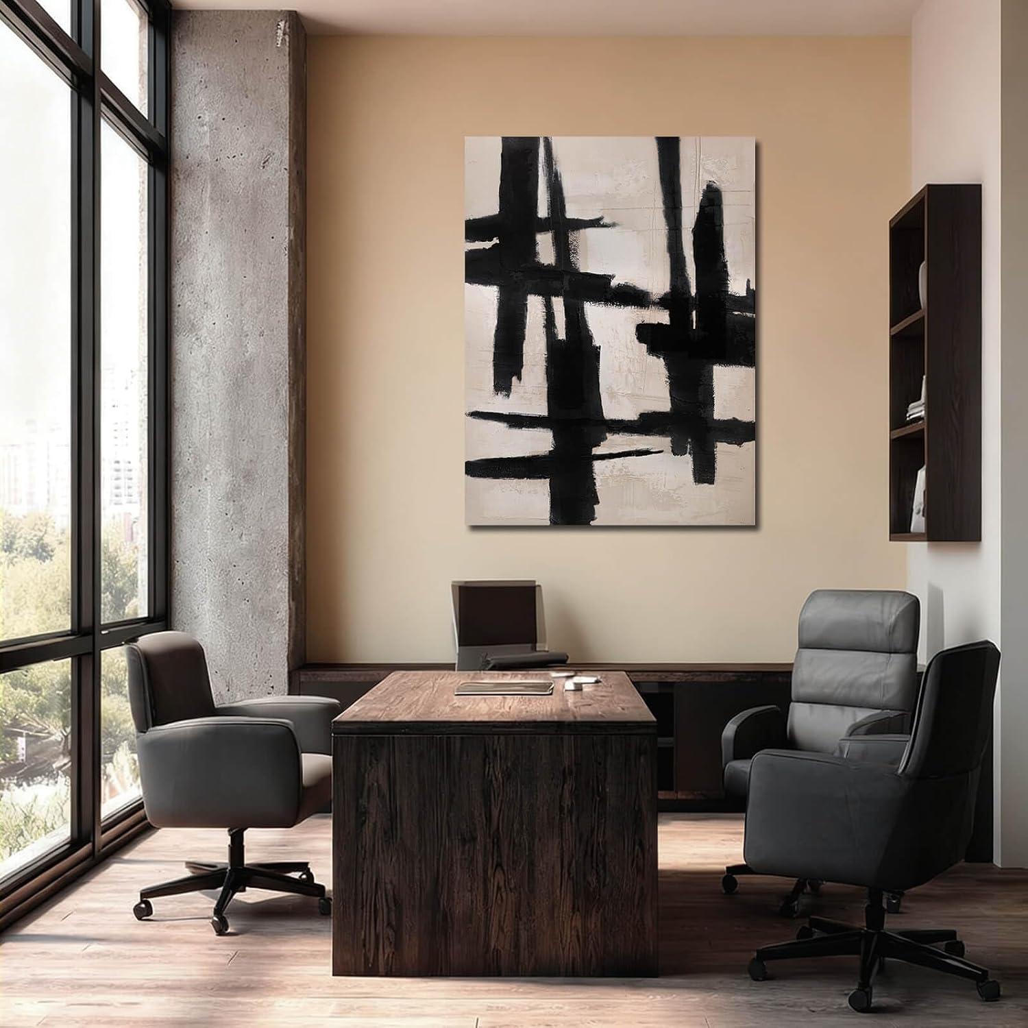 SHEYOYE Black and Beige Abstract Canvas Wall Art, Hand-Painted Oil Painting, Textured, Ready to Hang, Modern Home Decor for Living Room Bedroom, 36x48 Inch