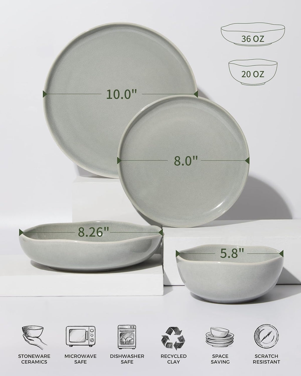 Pokini 24 Pieces Dinnerware Set for 6 with Pasta Bowls, Complete Ceramic Dish Set, Stackable & Glossy Stoneware Plate and Bowl Set for Effortless Everyday Hosting, Gray Green