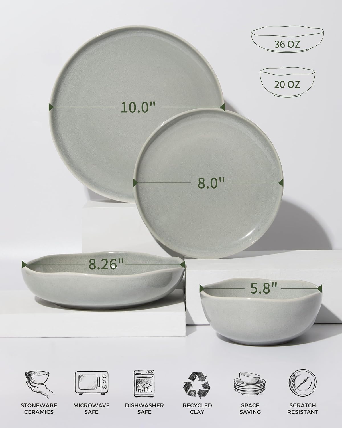 Pokini 24 Pieces Dinnerware Set for 6 with Pasta Bowls, Complete Ceramic Dish Set, Stackable & Glossy Stoneware Plate and Bowl Set for Effortless Everyday Hosting, Gray Green
