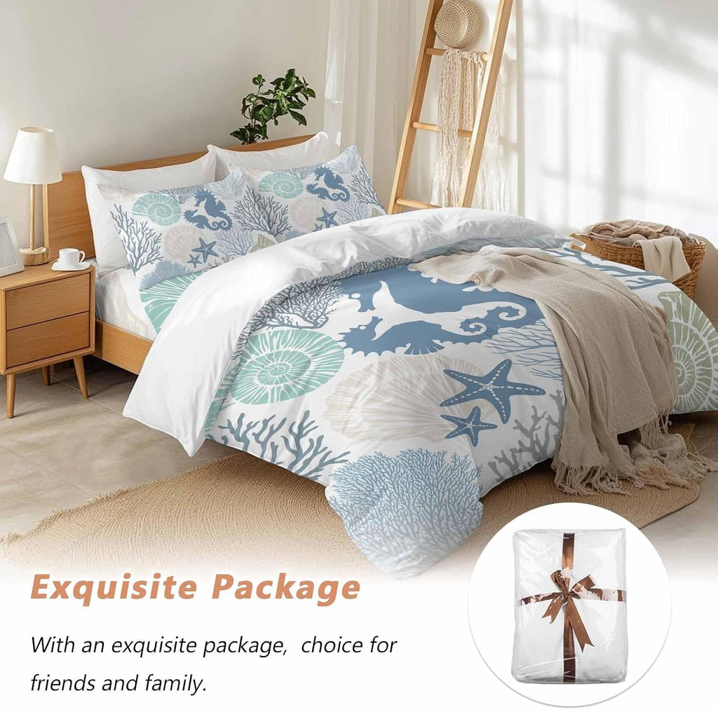 Blue Ocean Seahorse Duvet Cover Set Queen Size 4 Pieces Nautical Sea Watercolor Teal Shells Coral Starfish Bedding Set with Zipper Closure, 1 Comforter Cover 90x92 Inches 1 Flat Sheet & 2 Pillow Cases