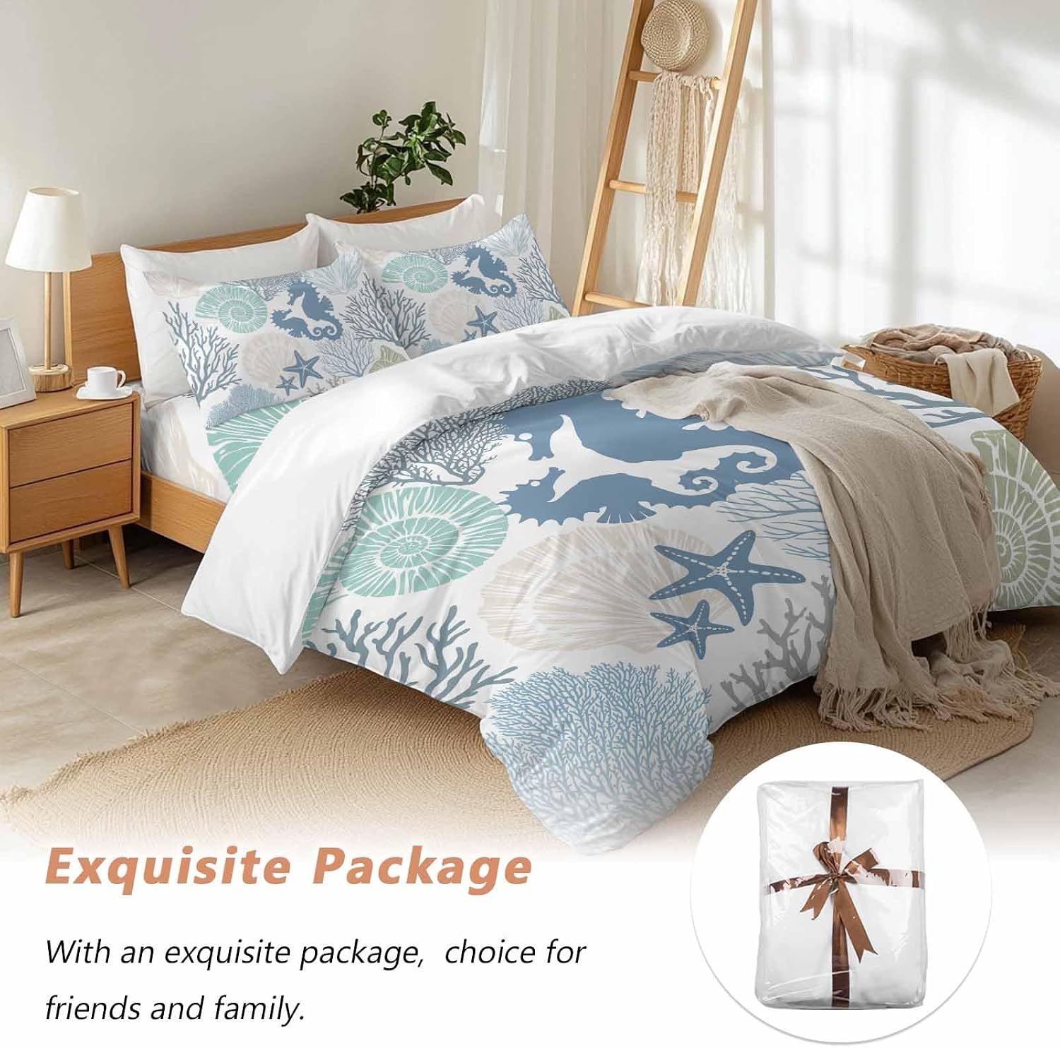 Blue Ocean Seahorse Duvet Cover Set Queen Size 4 Pieces Nautical Sea Watercolor Teal Shells Coral Starfish Bedding Set with Zipper Closure, 1 Comforter Cover 90x92 Inches 1 Flat Sheet & 2 Pillow Cases