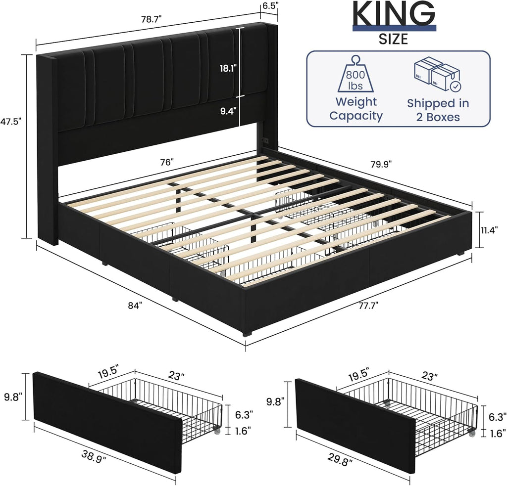 BRELTAM King Size Bed Frame with 4 Storage Drawers Velvet Upholstered Platform Bed with Wingback Headboard, No Box Spring Needed, Easy Assembly, Black