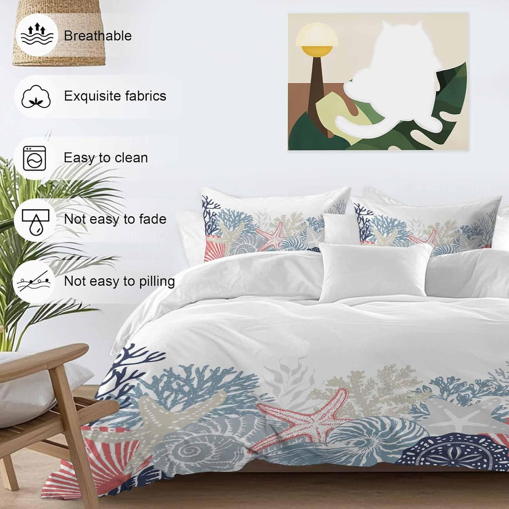 Summer Marine Life Duvet Cover Set Queen Size 4 Pieces Ocean Coral Coastal Starfish Blue Conch Bedding Set with Zipper Closure, 1 Comforter Cover 86x86 Inches 1 Flat Sheet & 2 Pillow Cases