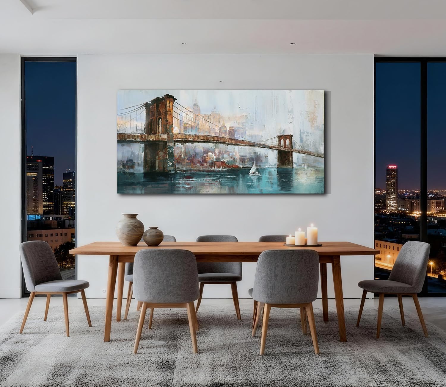 Acocifi New York Brooklyn Bridge Canvas Wall Art for Living Room 58'x29', Modern NYC Skyline Painting Abstract Cityscape Picture, Large Textured Artwork Framed for Bedroom Men Office Home Decor