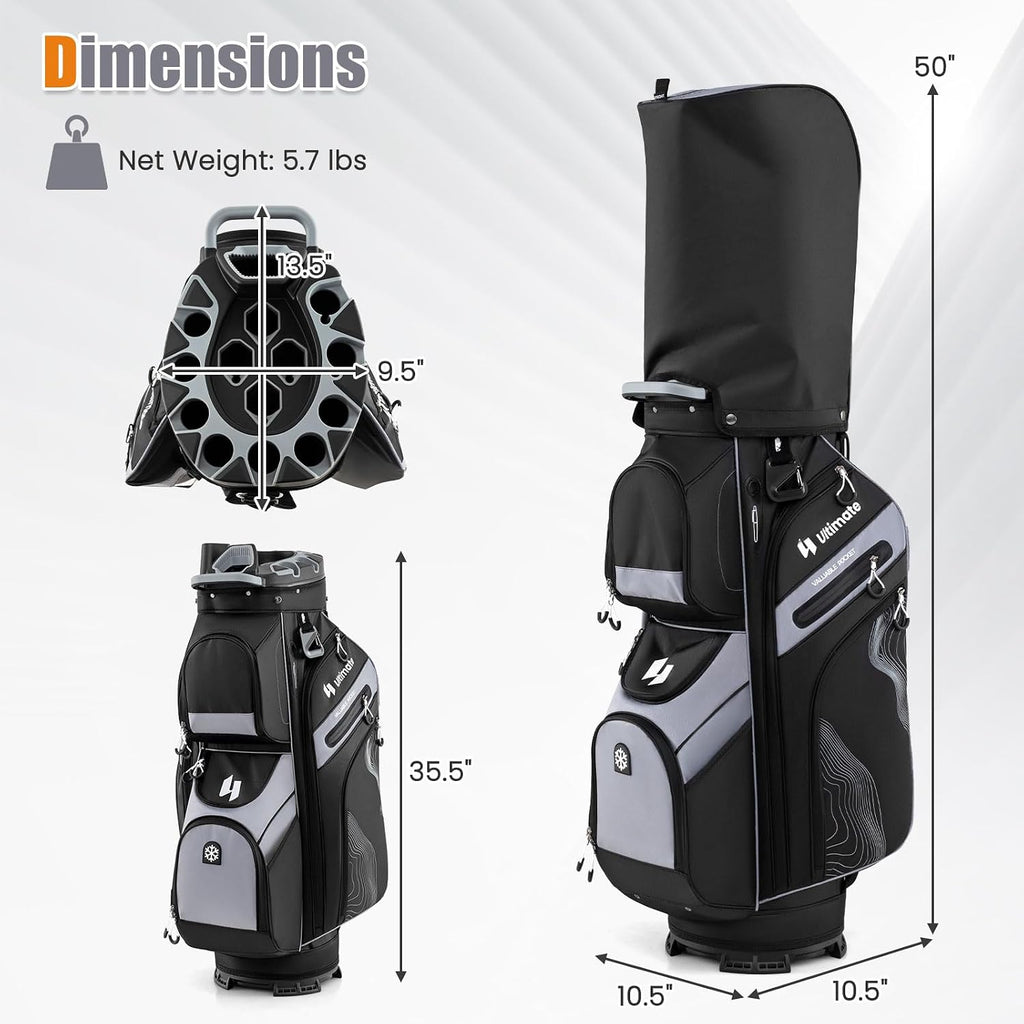 ULTIMATE 14-Way Golf Cart Bag, Golf Bag w/Molded Lock Top & Full Length Dividers, Portable Golf Club Bag w/11 Pockets, Cooler Bag, Padded Strap & Rain Hood for Men Women