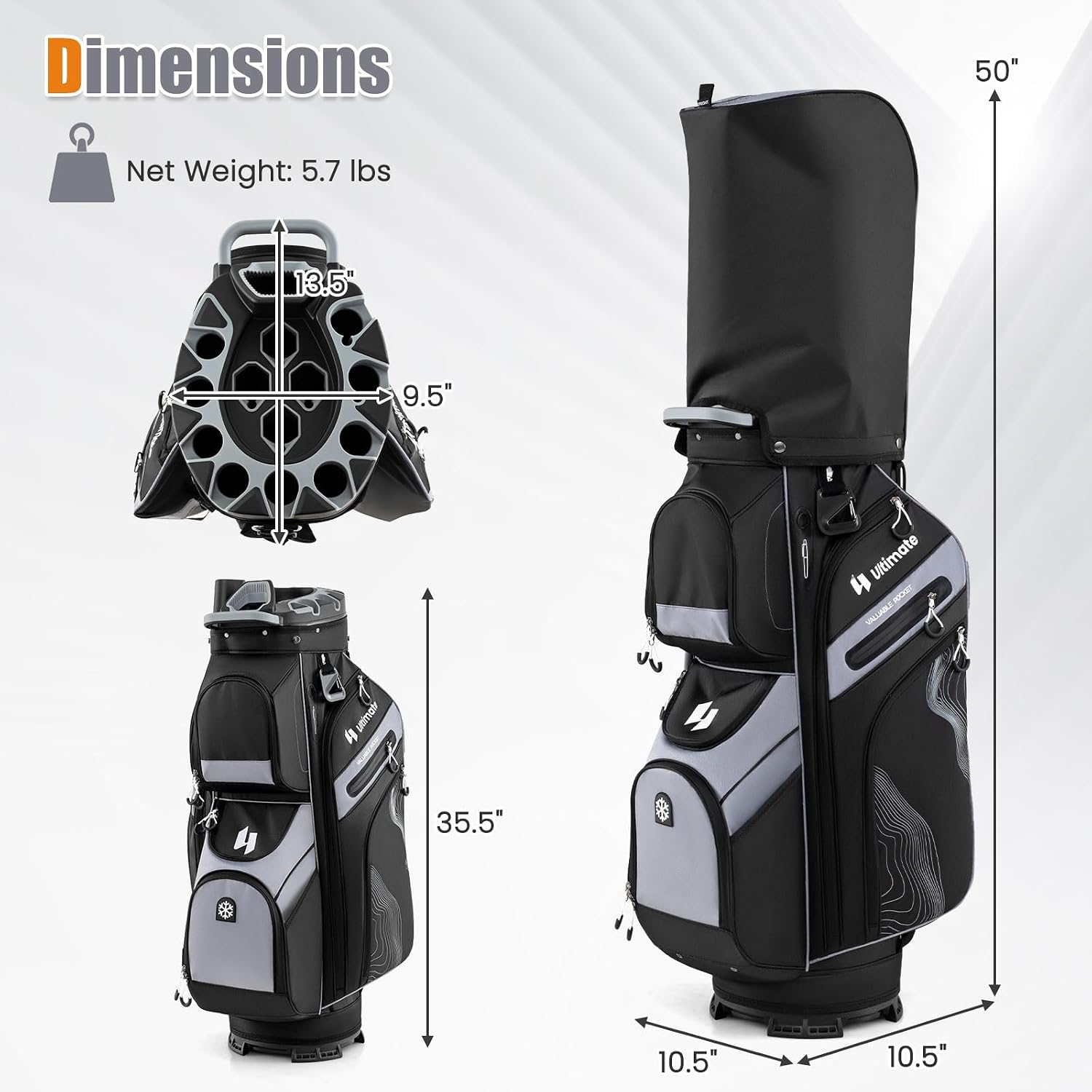 ULTIMATE 14-Way Golf Cart Bag, Golf Bag w/Molded Lock Top & Full Length Dividers, Portable Golf Club Bag w/11 Pockets, Cooler Bag, Padded Strap & Rain Hood for Men Women