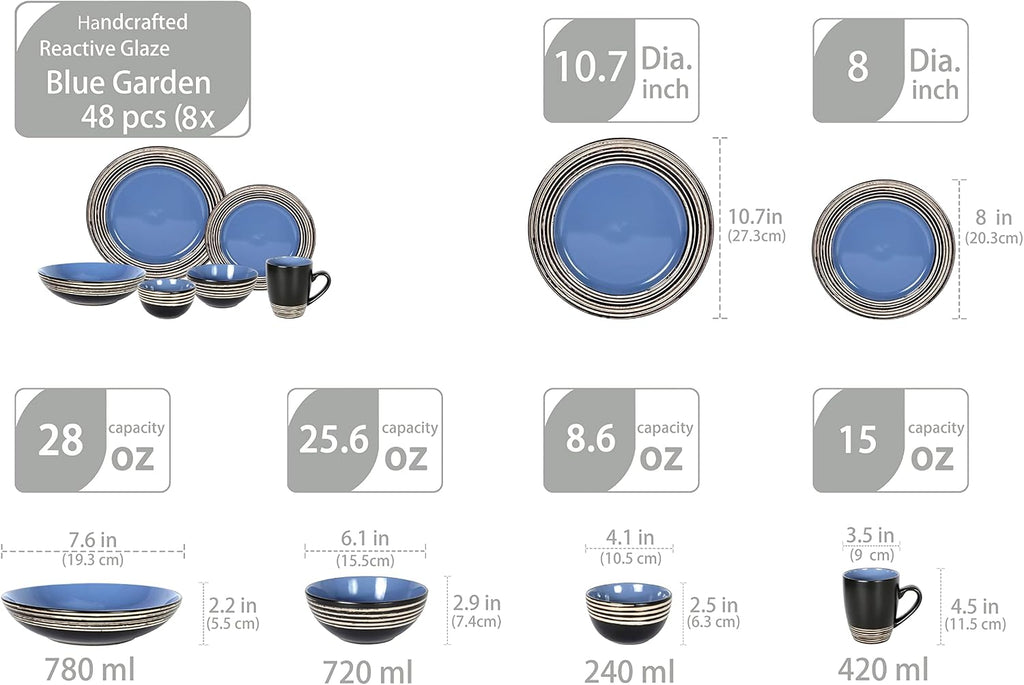 48 Piece Dinnerware Set, Ceramic Plates and Bowls Sets for 8, Microwave and Dishwasher Safe, Handcrafted Tree Bark Series Dish Set, Blue