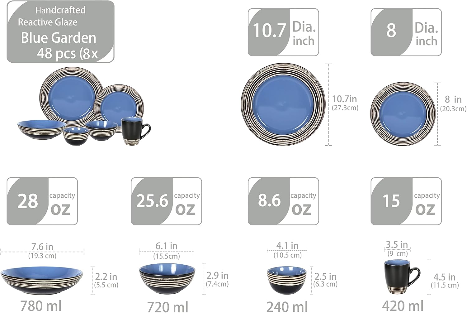 48 Piece Dinnerware Set, Ceramic Plates and Bowls Sets for 8, Microwave and Dishwasher Safe, Handcrafted Tree Bark Series Dish Set, Blue