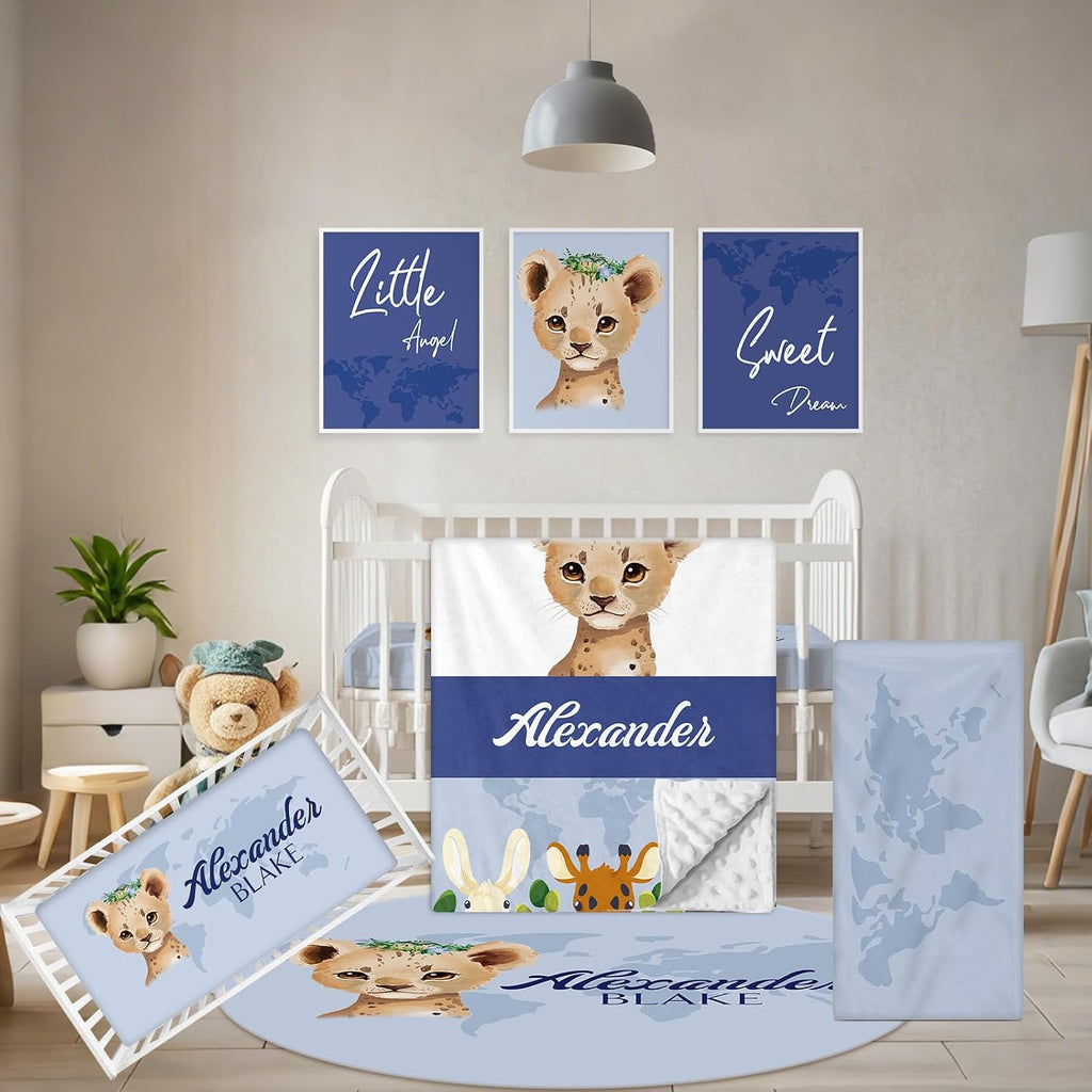 Terwex Personalized Baby Crib Bedding Set, 5 Pcs Custom Name Nursery Bedding Set, Deep Blue Leopard Baby Bedding Set for Boys, Double Layer Baby Crib Sets, Customized Gifts for Toddlers Kids Infants