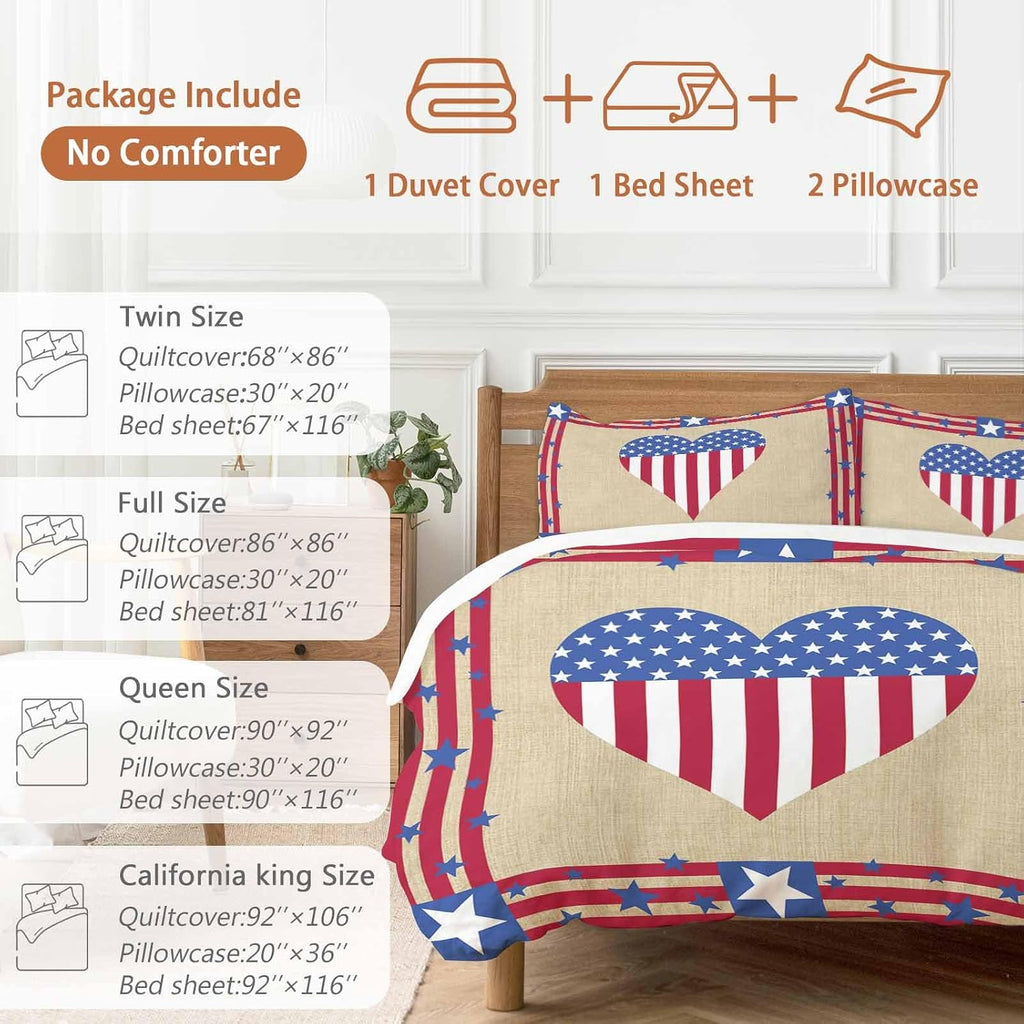Prime Leader Happy 4th Duvet Cover Set Queen Size 4 Pieces of July USA Flag Love Heart Retro Linen Bedding Set with Zipper Closure, 1 Comforter Cover 86x86 Inches 1 Flat Sheet & 2 Pillow Cases