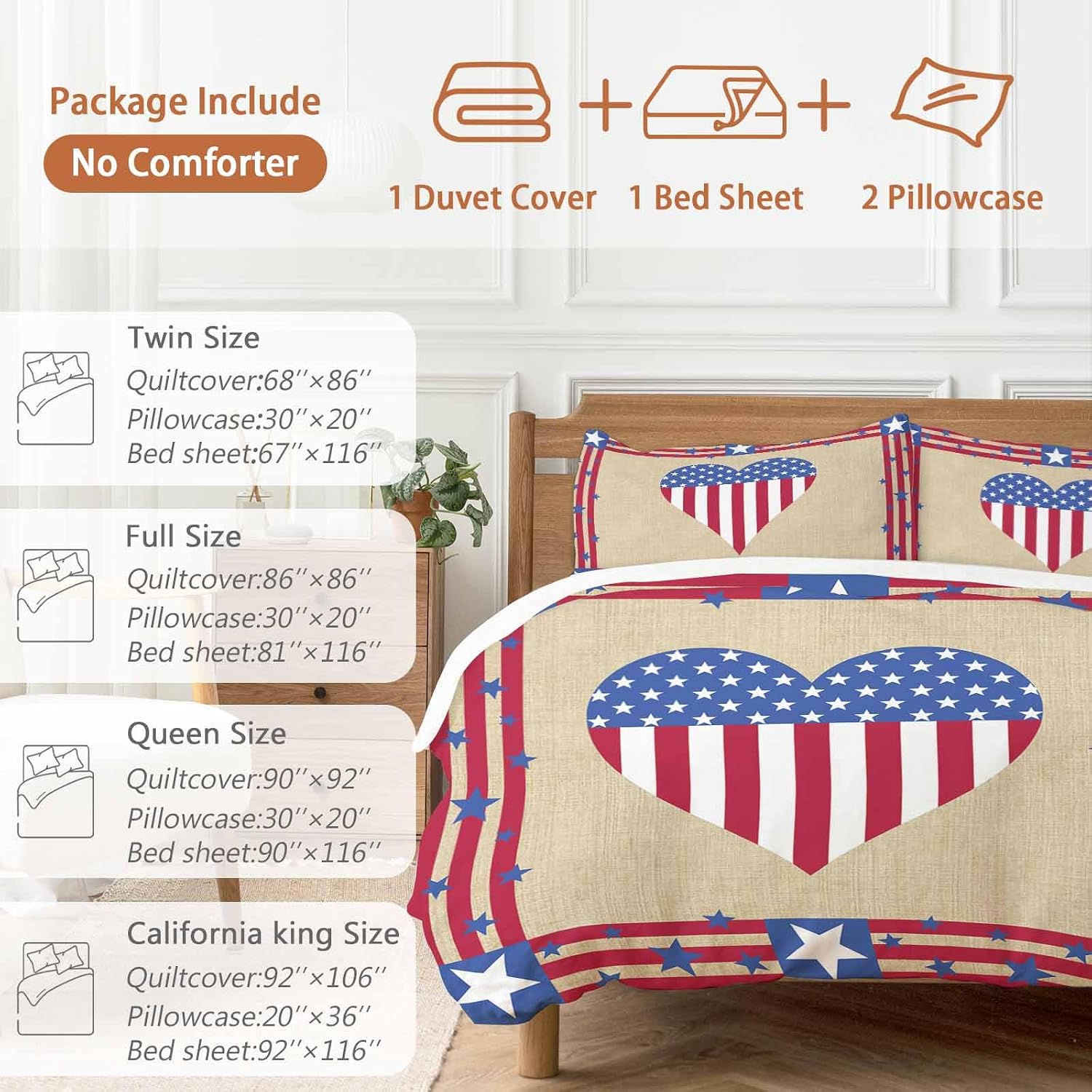 Prime Leader Happy 4th Duvet Cover Set Queen Size 4 Pieces of July USA Flag Love Heart Retro Linen Bedding Set with Zipper Closure, 1 Comforter Cover 86x86 Inches 1 Flat Sheet & 2 Pillow Cases