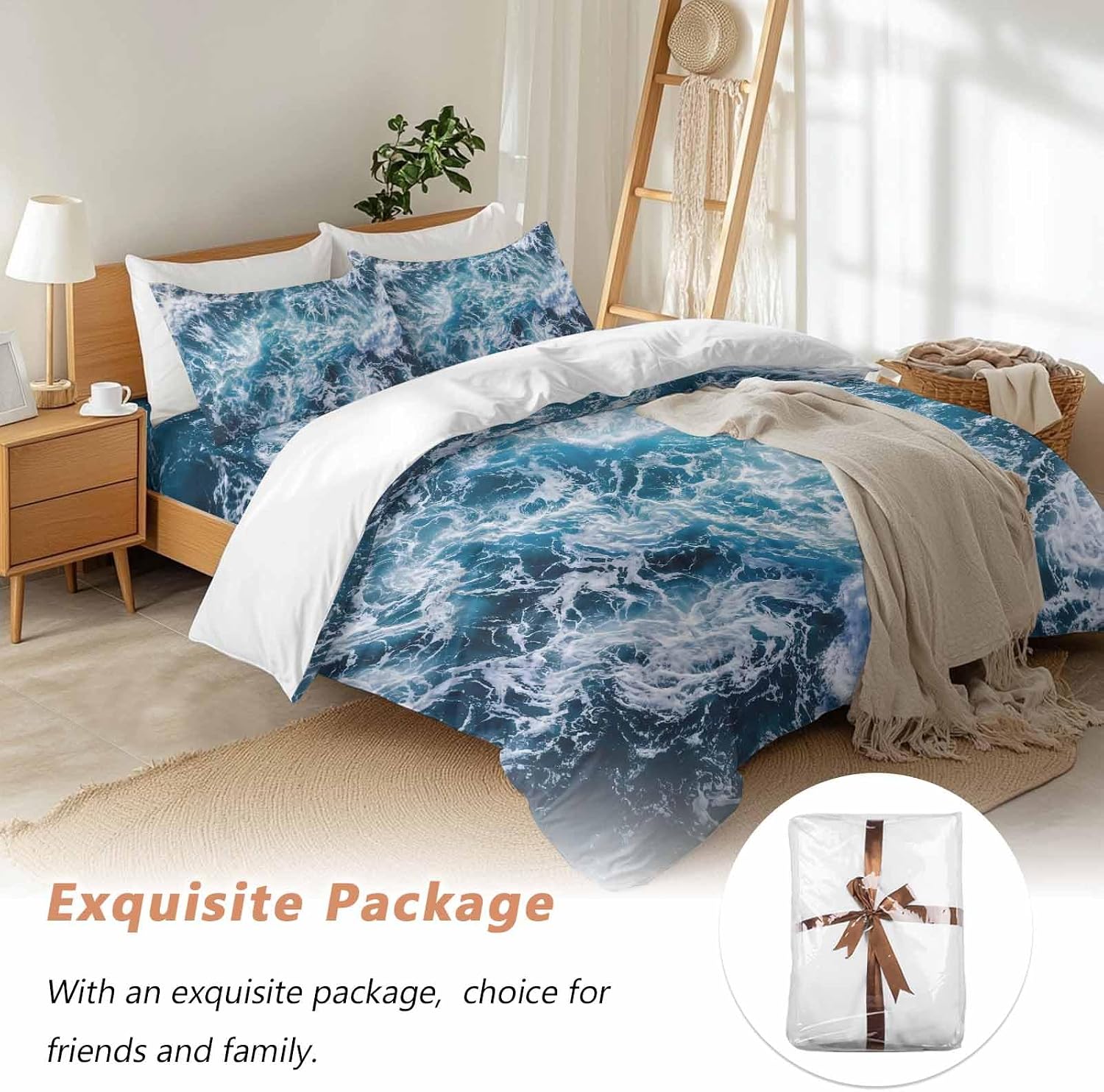 Dark Blue Ocean Scenery Duvet Cover Set Queen Size 4 Pieces Ombre Sea Waves Natural Modern Art Bedding Set with Zipper Closure, 1 Comforter Cover 86x86 Inches 1 Flat Sheet & 2 Pillow Cases