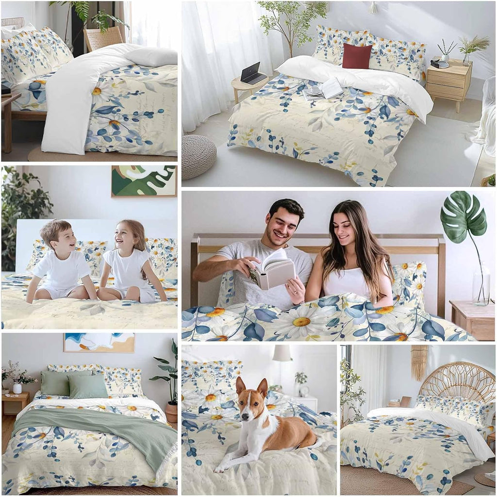 Spring Eucalyptus Leaves Duvet Cover Set Queen Size 4 Pieces Country Vintage Blue Leaf White Daisy Bedding Set with Zipper Closure, 1 Comforter Cover 86x86 Inches 1 Flat Sheet & 2 Pillow Cases